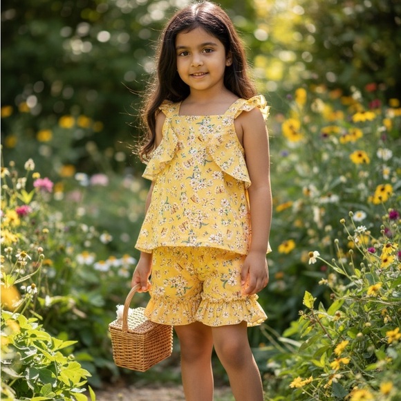 Little Lass Other - Little Lass girls Yellow Floral Ruffle Top and Shorts Set size 5